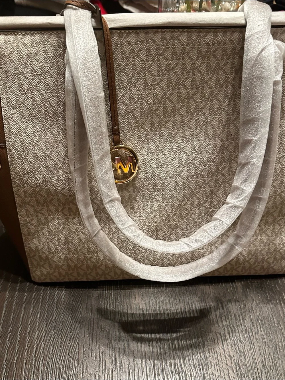 Michael Kors Cream Beige MK Logo Tote with Gold Hardware